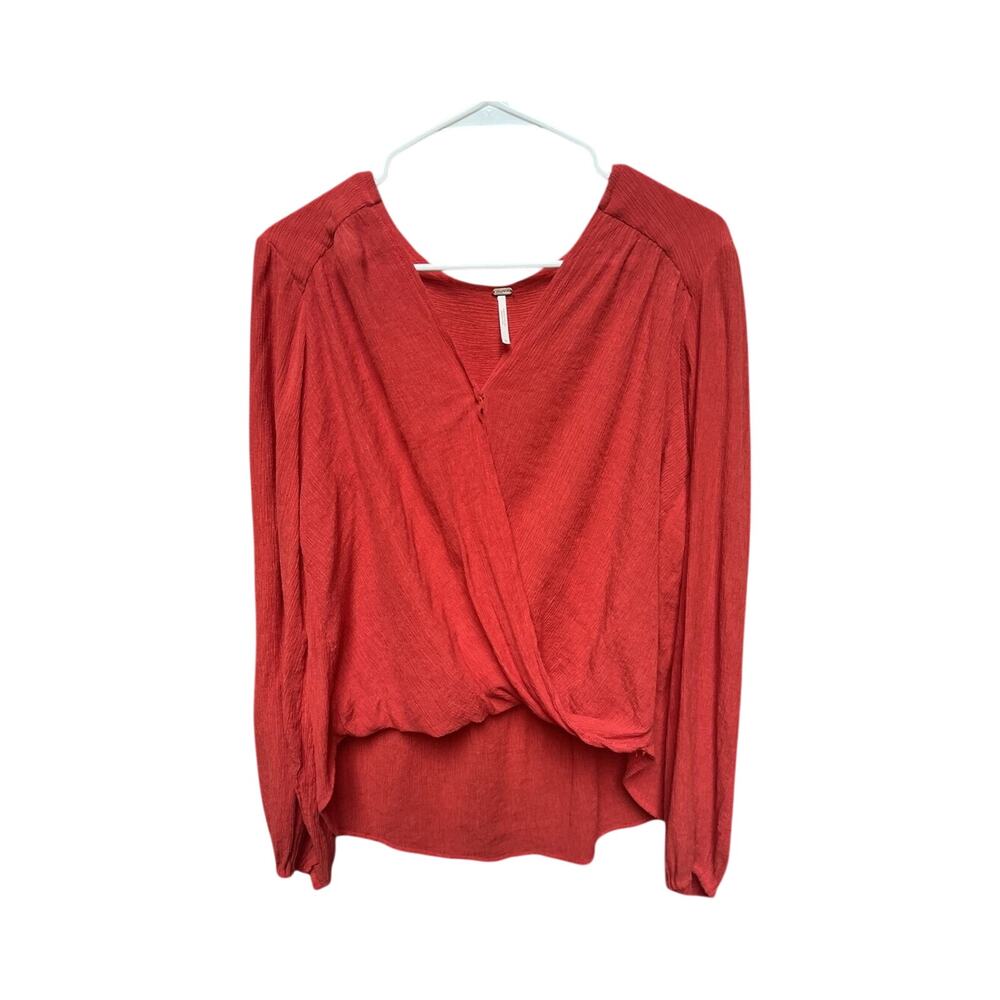 Free People Medium Red Long Sleeve Wrap Top Women's Blouse